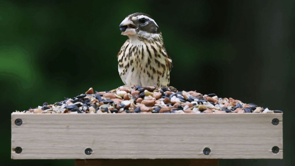 Female Rose-breasted Grosbeak perched on a bird feeder and eating COOL BIRDS Nut and Fruit wild bird food